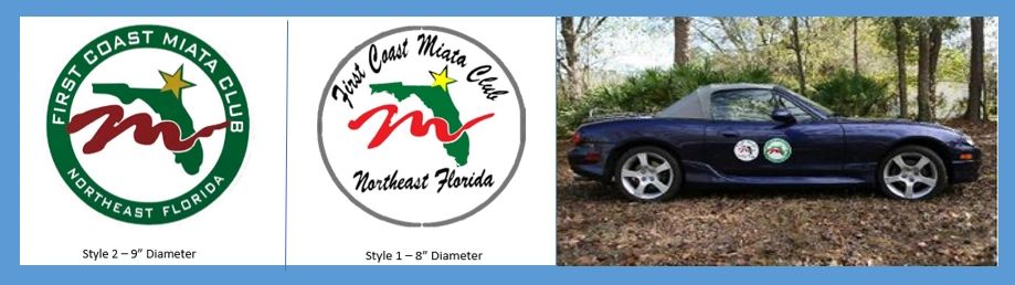 First Coast Miata Club magnetic decals in 8 inch and 9 inch sizes, shown on a Miata