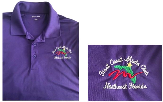 Purple polo shirt with half-round First Coast Miata Club embroidered logo, close-up detail