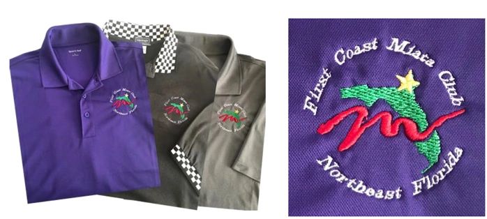 Purple and olive polo shirts with round First Coast Miata Club embroidered logo, close-up detail