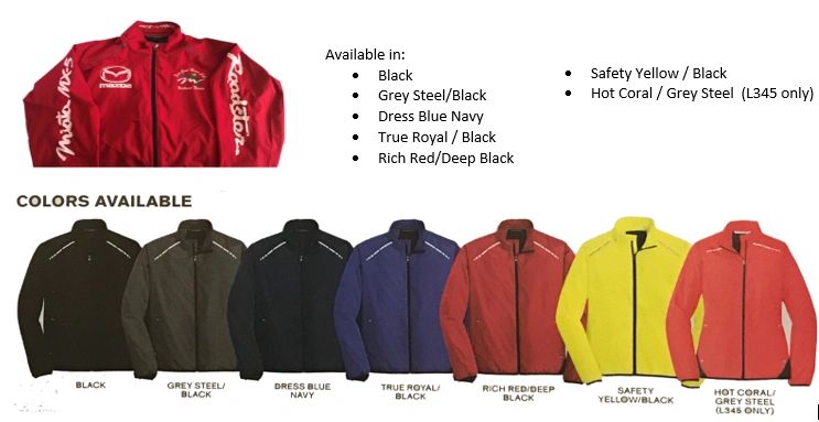 First Coast Miata Club windbreaker jacket shown in seven available colors